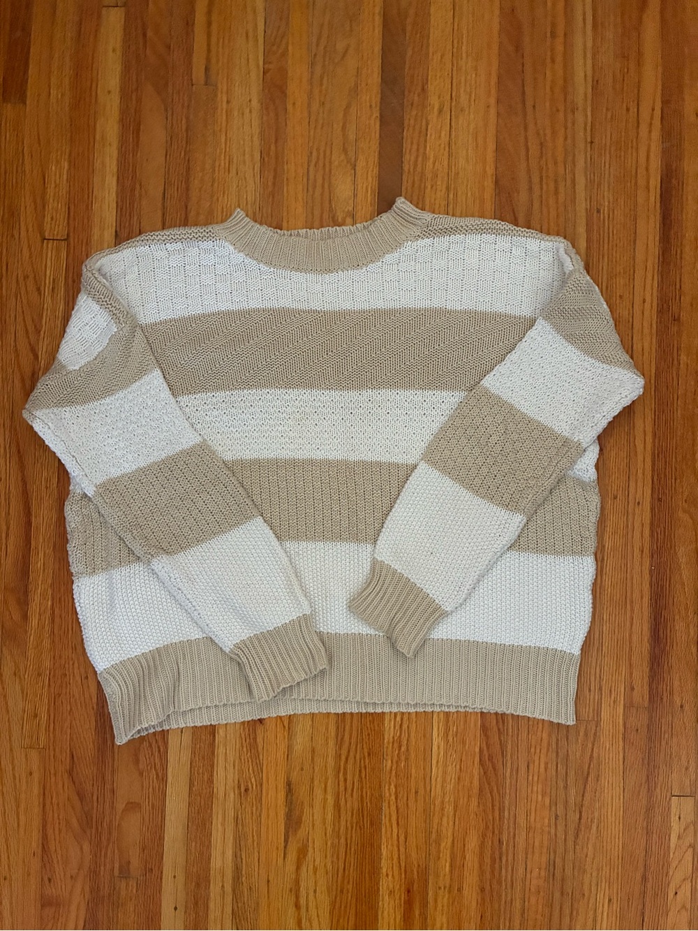 La Hearts Women’s Striped Crewneck Sweater in Beige and White